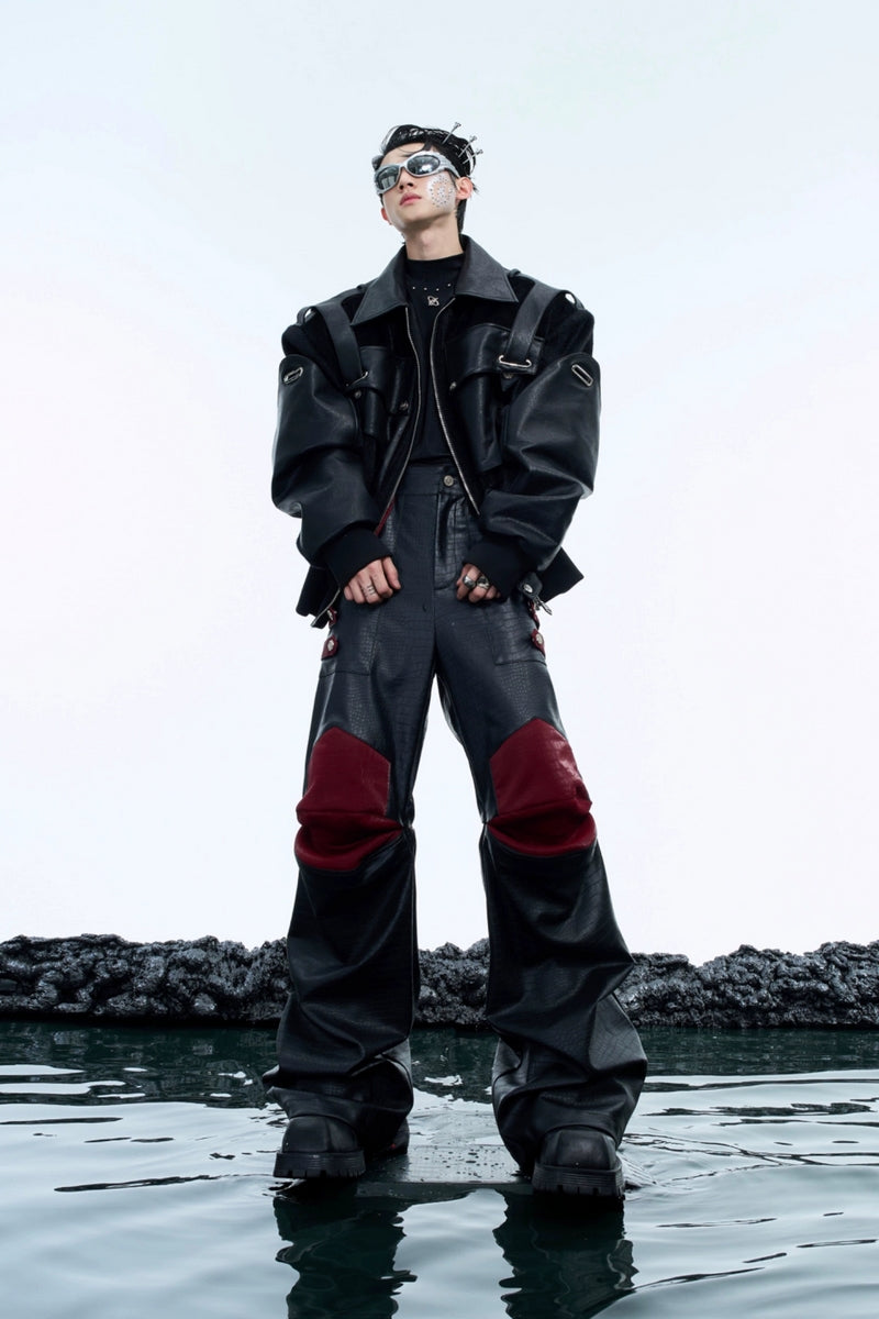 Deconstructed Armor Style PU Patchwork Pants