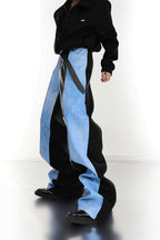 Color Contrast Flared Leather Denim