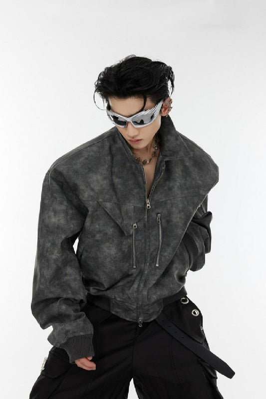 Shoulder Pads Washed PU Leather Jacket