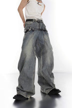 Retro Washed Double Belt Denim