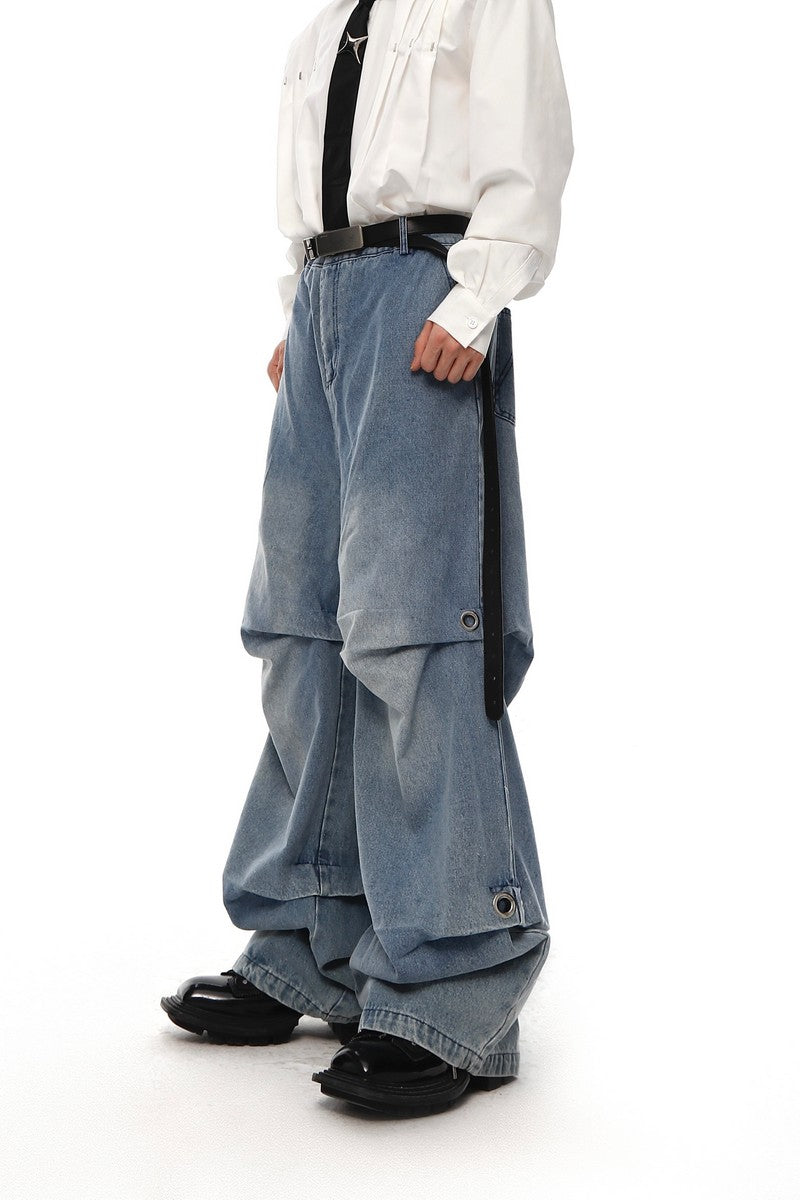 Pleated Washed Loose Denim