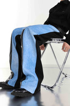 Color Contrast Flared Leather Denim