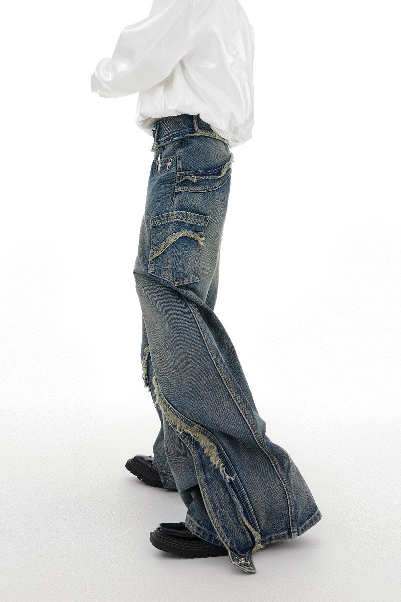 Washed Distressed Flared Denim