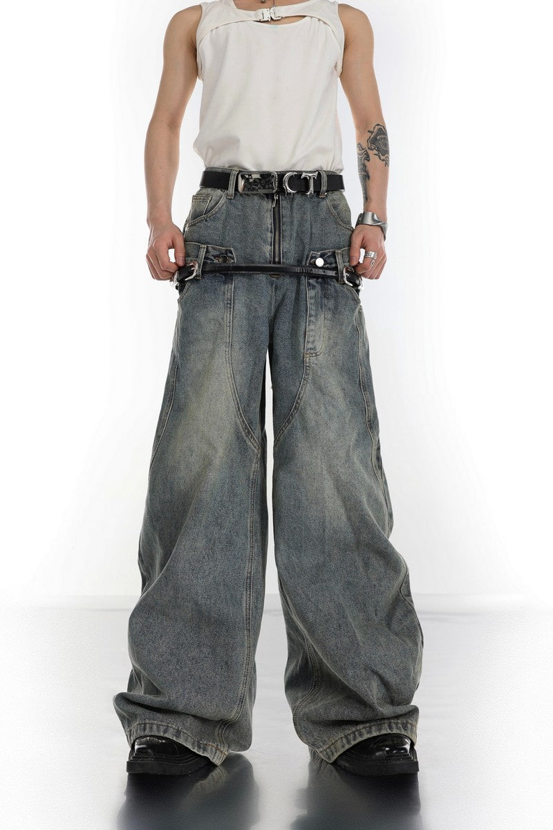 Retro Washed Double Belt Denim