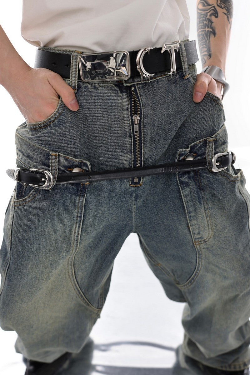 Retro Washed Double Belt Denim