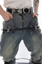 Retro Washed Double Belt Denim