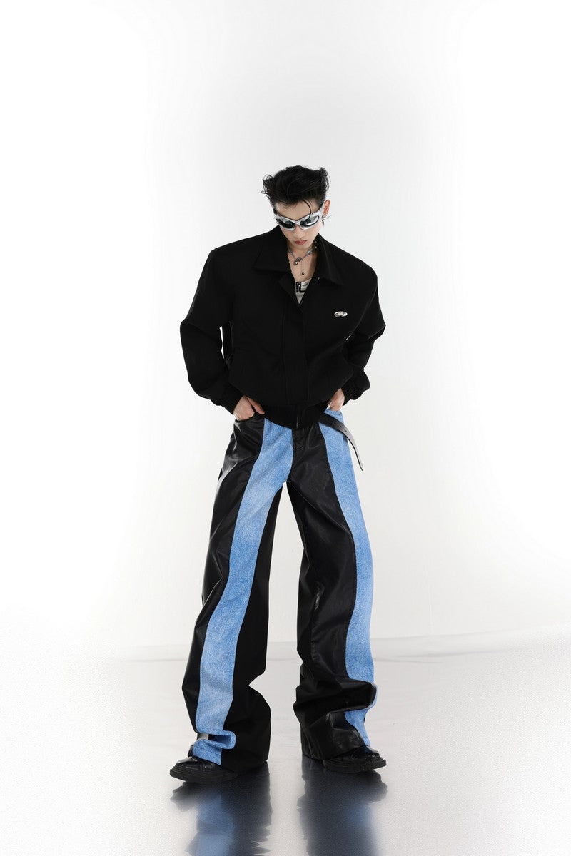 Color Contrast Flared Leather Denim