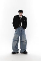 Pleated Washed Loose Denim