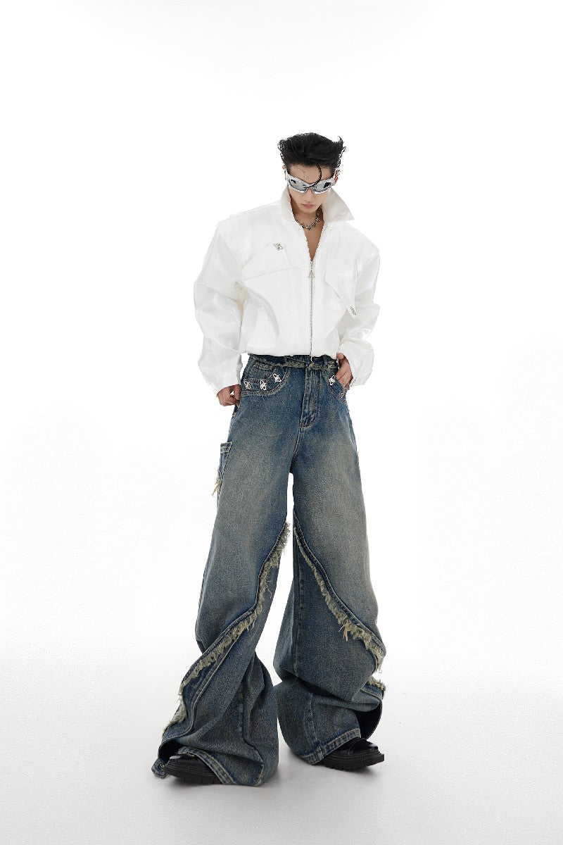 Washed Distressed Flared Denim