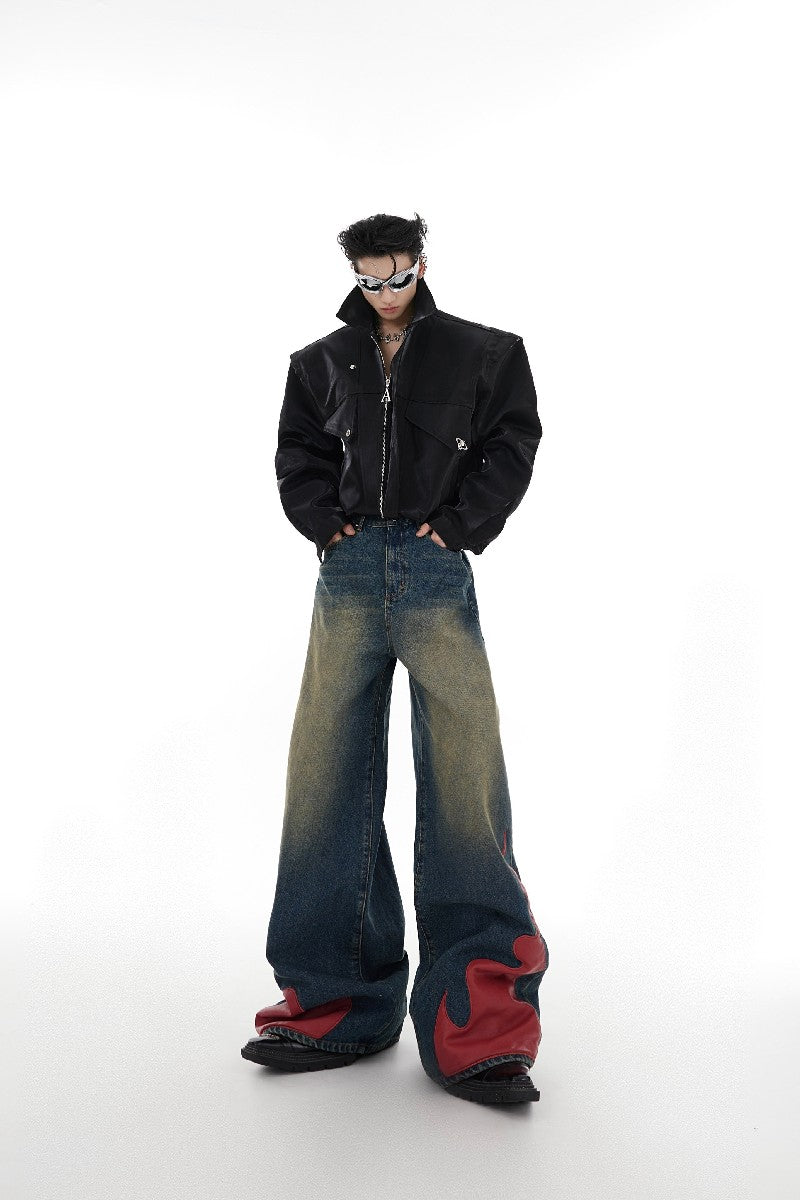 PU Leather Flame Loose Denim