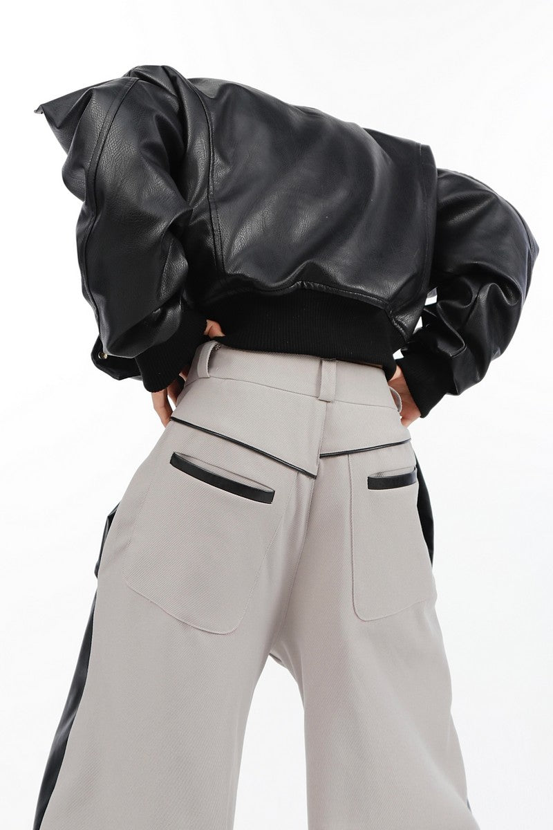 PU Leather Stitched Flared Trousers