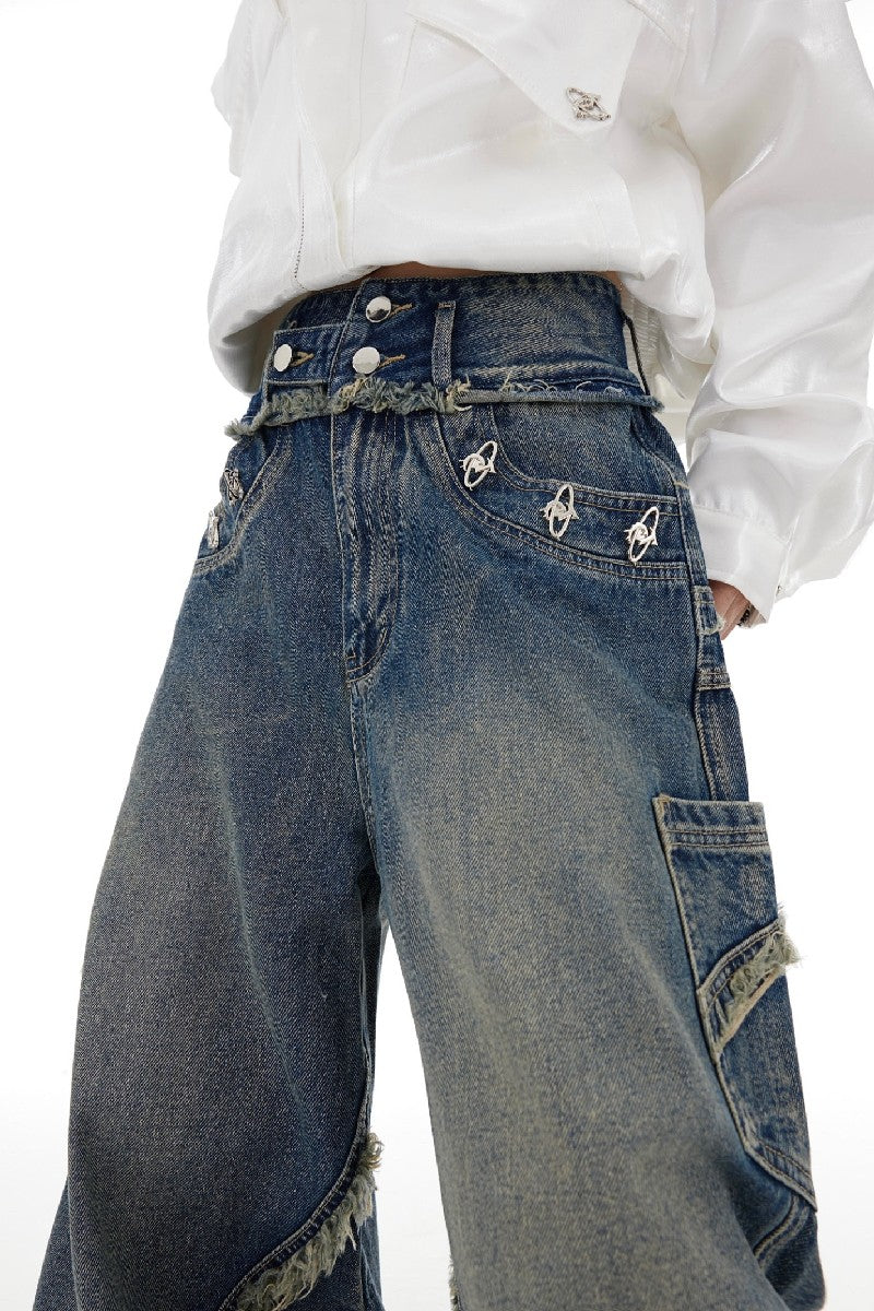Washed Distressed Flared Denim