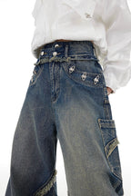 Washed Distressed Flared Denim