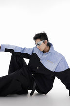 Irregular Stitched Denim PU Leather Shirt