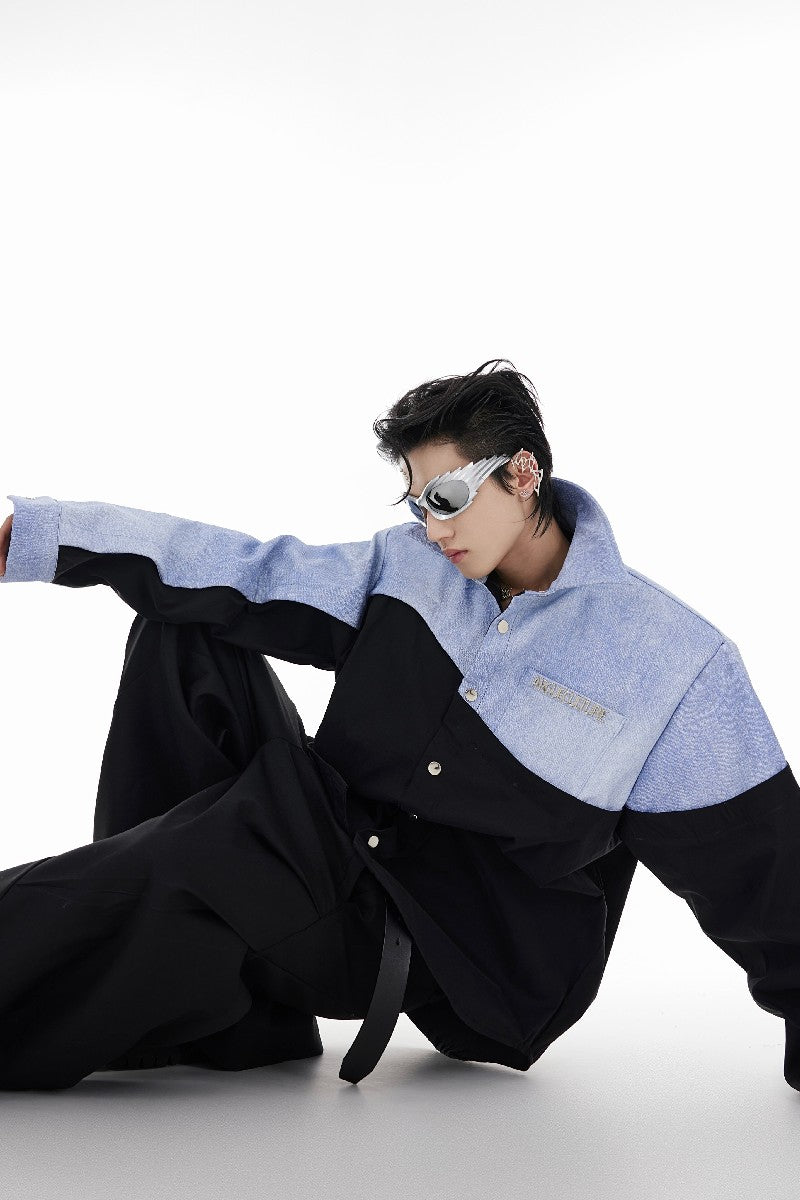 Irregular Stitched Denim PU Leather Shirt