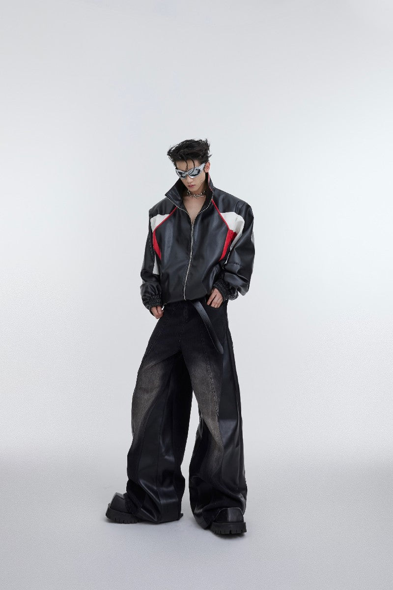 Stitched PU Leather Denim