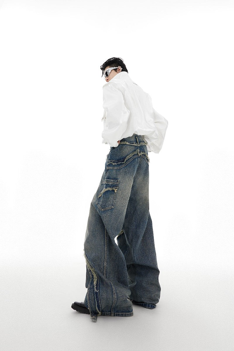 Washed Distressed Flared Denim