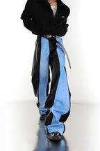 Color Contrast Flared Leather Denim