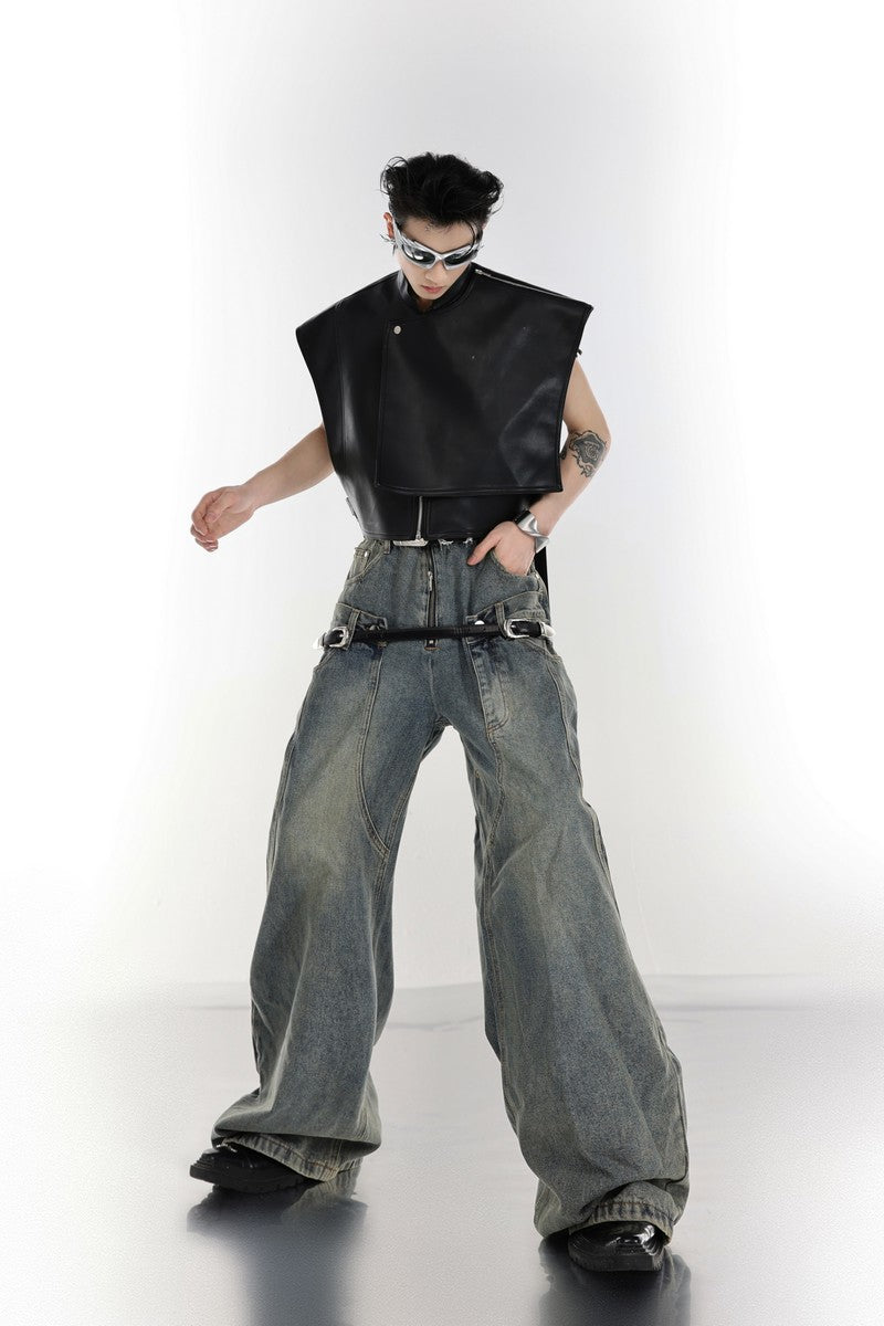 Retro Washed Double Belt Denim